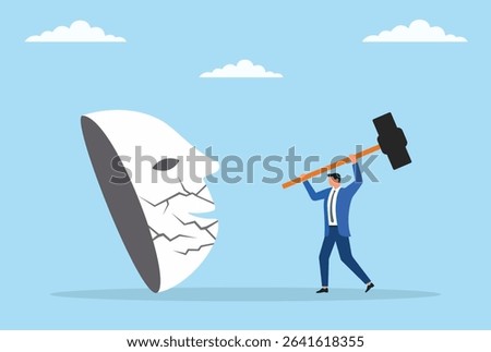 Vector illustration of a businessman breaking a large mask with a hammer, symbolizing the fight against deception, the reveal of true identity, and the pursuit of honesty in business
