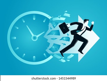 vector illustration of businessman breaking a o clock face running for a profit. describe time is money, compete, move and faster. business concept illustration