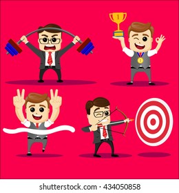 Vector illustration - Businessman breaking through. Set of manager or businessman character in various poses of sport. Flat illustration. 