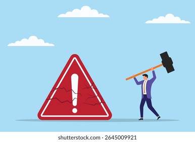 Vector illustration of a businessman breaking a warning icon with a hammer, symbolizing breaking through risks, overcoming obstacles, and confidently facing business challenges
