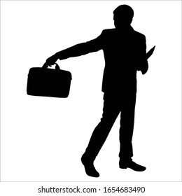 Vector illustration businessman with a briefcase and folder. Black silhouette of a man in a business suit is isolated on a white background. Man looks at a suitcase that is held high.