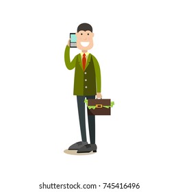 Vector illustration of businessman with briefcase full of money talking over mobile phone. Business people flat style design element, icon isolated on white background.