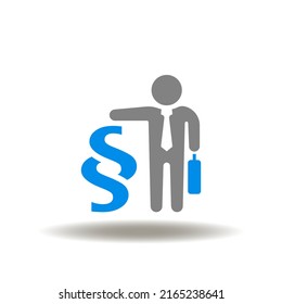 Vector illustration of businessman with briefcase and paragraph sign. Icon of law and legal service. Symbol of regulatory compliance.