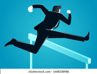 vector illustration of a businessman with briefcase pass through obstacle. describe compete, move, obstacle, and faster. business concept illustration