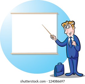 vector illustration of businessman with briefcase presenting in the front of projection screen