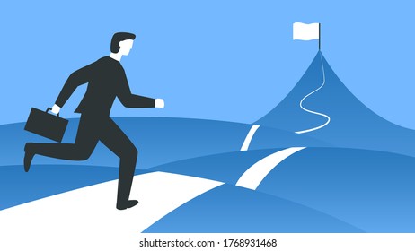 Vector illustration of a businessman with a briefcase running to the top of the mountain. Represents concept of overcoming difficulties, achieving the goal, business growing and moving forward