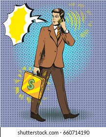 Vector illustration of businessman with briefcase talking on the phone, speech bubble. Retro pop art comic style.