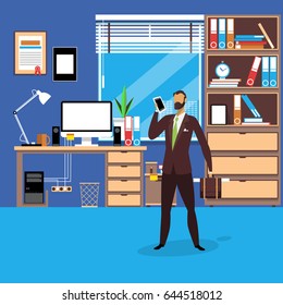 Vector illustration of businessman with briefcase using smartphone. Modern office workspace interior. Flat style design.
