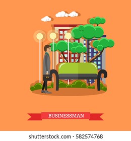 Vector illustration of businessman with briefcase walking in the street. Street traffic concept design element in flat style.