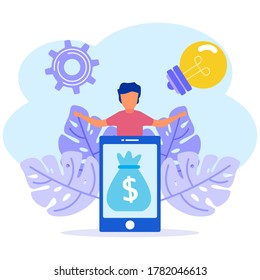 Vector illustration of a businessman building a business on the internet. mobile screen with a website. Successful entrepreneurs, online business promotion, rankings take off from work.