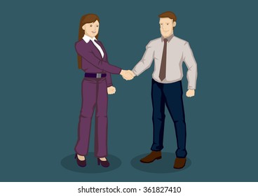 Vector illustration of businessman and business lady in professional handshake isolated on green background.