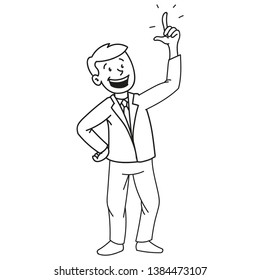 Vector illustration of a businessman in a business suit having an idea and flicking his fingers. black white cartoon drawing.