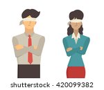 Vector illustration of businessman and businesswoman blindfolded, flat character design isolated on white background.