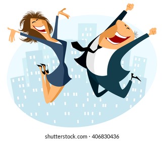 Vector illustration of a businessman and businesswoman jumping