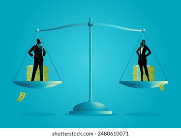 Vector illustration of businessman and businesswoman on a scale with money stacks, symbolizing equal pay. Ideal for labor rights, HR, and workplace equality materials