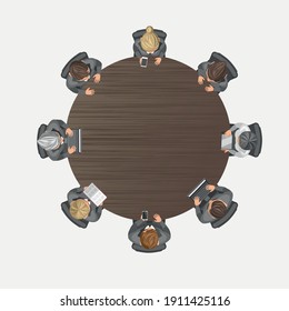 Vector illustration. Businessman and businesswoman are sitting at the table. Top view. Different men and women are sitting in chairs. View from above.