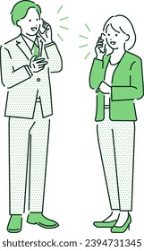 Vector illustration of a businessman and businesswoman talking on a smartphone. Whole body.