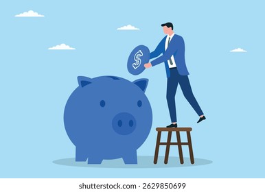 Vektorgrafik eines Geschäftsmannes, der sorgfältig Geld in einem traditionellen Sparschwein spart, das Finanzplanung und persönliche Ersparnisse repräsentiert
