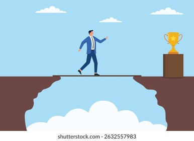 Ilustração vetorial de um empresário viajando cuidadosamente de um pico de montanha para outro por seu sucesso, simbolizando uma jornada ousada e estratégica em busca de sucesso e realização
