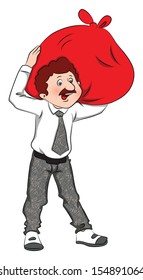Vector illustration of businessman carrying huge sack on shoulders.