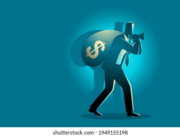 Vector illustration of businessman carrying money bag on his shoulder