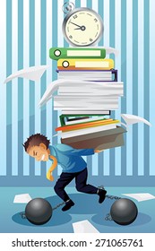 A vector illustration of  businessman carrying a pile of paper