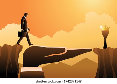 Vector illustration of  businessman carrying suitcase walking on hand bridge for reach golden crown, businessman crosses an obstacle by crossing symbolically on a hand that serves as a bridge