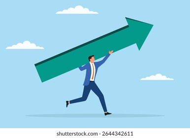 Ilustração vetorial de um homem de negócios carregando uma barra de seta para cima, simbolizando determinação, liderança e o impulso para alcançar crescimento, sucesso e progresso ascendente nos negócios
