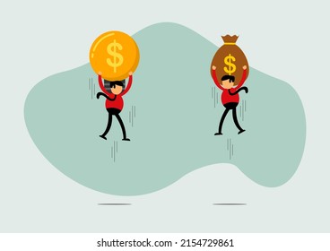 Vector illustration of businessman cartoon character competition between ideas and money, Commonly used for all content about "money and business"