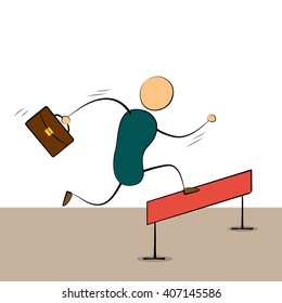 Vector illustration businessman cartoon character running and jumping over  barrier to success. Drawing. Doodle