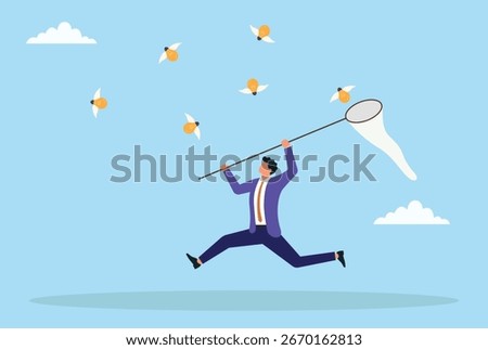 Vector illustration of a businessman catching flying light bulbs with a net, symbolizing idea generation, creativity, innovation, and seizing opportunities for success
