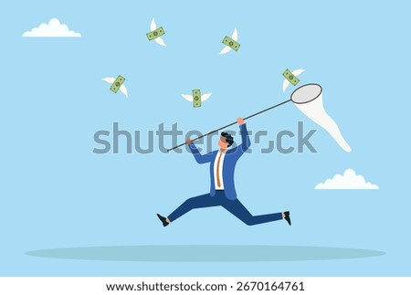 Vector illustration of a businessman catching flying money with a net, symbolizing pursuit of wealth, financial opportunities, investment gains, and economic success
