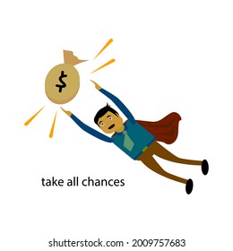 vector illustration of a businessman catching money. suitable to describe someone who is finding opportunities and maximizing them.