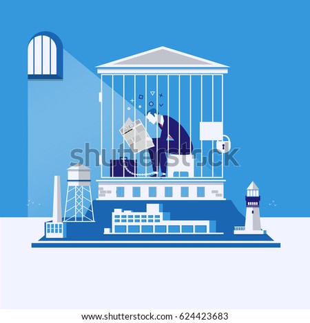 Vector illustration of businessman chained to his briefcase in debtors prison. Business bankruptcy, debts concept design element.