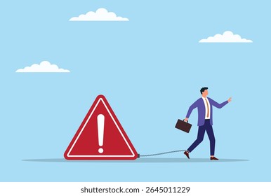 Vector illustration of a businessman chained to a warning icon, representing being confined by risks, limitations, or cautionary signs that restrict growth and freedom in business
