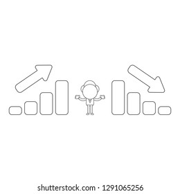 Vector illustration businessman character between sales bar charts moving up and down. Black outline.
