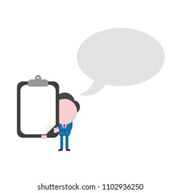 Vector illustration businessman character with blank speech bubble and holding clipboard and blank paper.