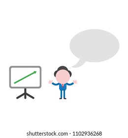 Vector illustration businessman character with blank speech bubble and sales chart arrow moving up.
