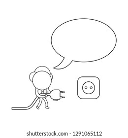 Vector illustration businessman character with blank speech bubble, walking and holding plug to plugged into outlet. Black outline.