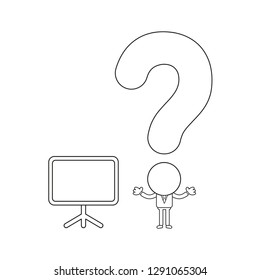 Vector illustration businessman character with blank presentation chart and question mark head. Black outline.