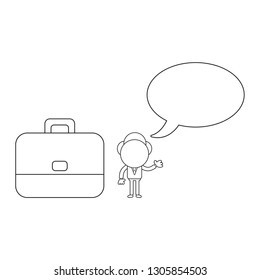 Vector illustration businessman character with blank speech bubble and briefcase. Black outline.