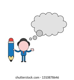 Vector illustration businessman character with blank thought bubble and holding pencil. Color and black outlines.