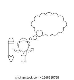 Vector illustration businessman character with blank thought bubble and holding pencil. Black outline.