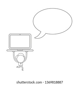 Vector illustration businessman character with blank speech bubble and running and holding up laptop computer. Black outline.