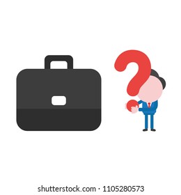 Vector illustration businessman character with briefcase and holding question mark.