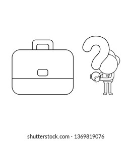 Vector illustration businessman character with briefcase and holding question mark. Black outline.