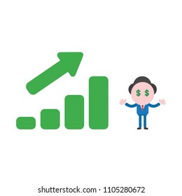 Vector illustration businessman character with dollar money eyes and sales bar graph moving up.