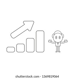 Vector illustration businessman character with dollar money eyes and sales bar graph moving up. Black outline.