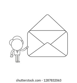 Vector illustration businessman character with empty open envelope icon. Black outline.