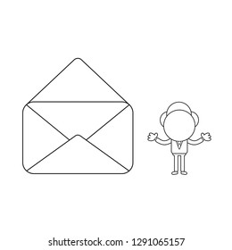 Vector illustration businessman character with empty open mail envelope. Black outline.